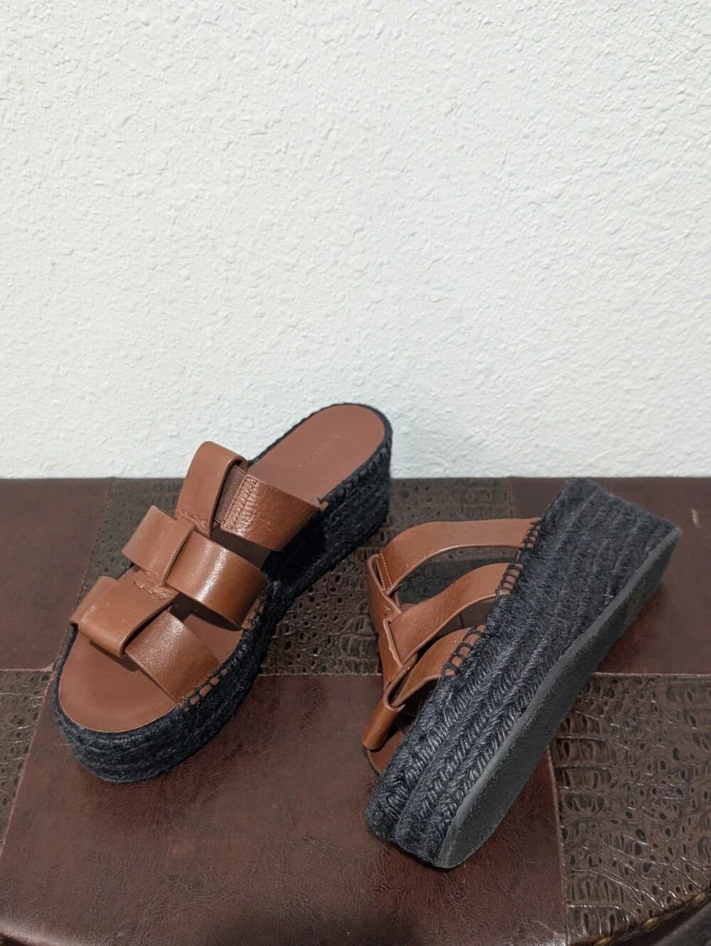 Vince Mahogany Leather Espadrille Platform Wedge Slide Sandals - Size 9M
